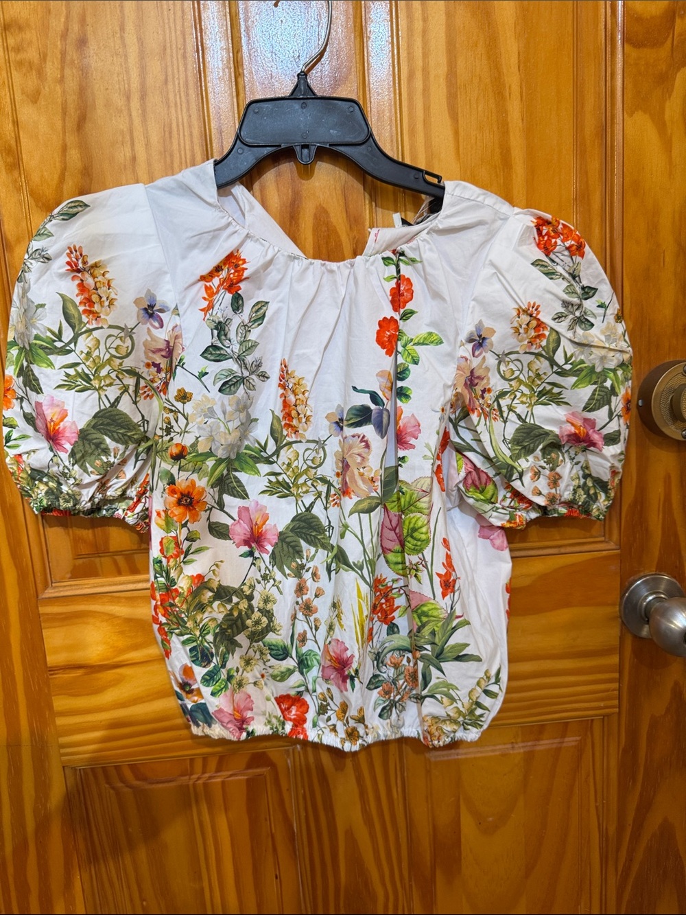 White Floral Puff-Sleeve Cotton Blouse